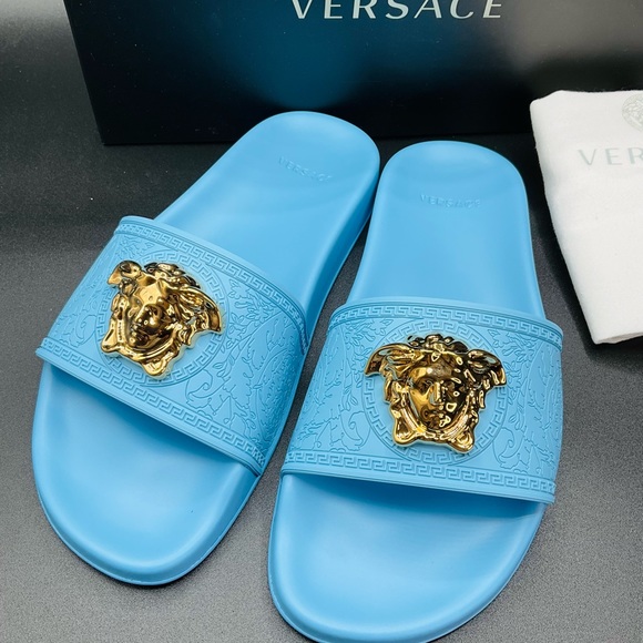 Versace Women’s Palazzo Pool Slides SIZE 37 Light Blue NWB AUTHENTIC - Picture 2 of 7